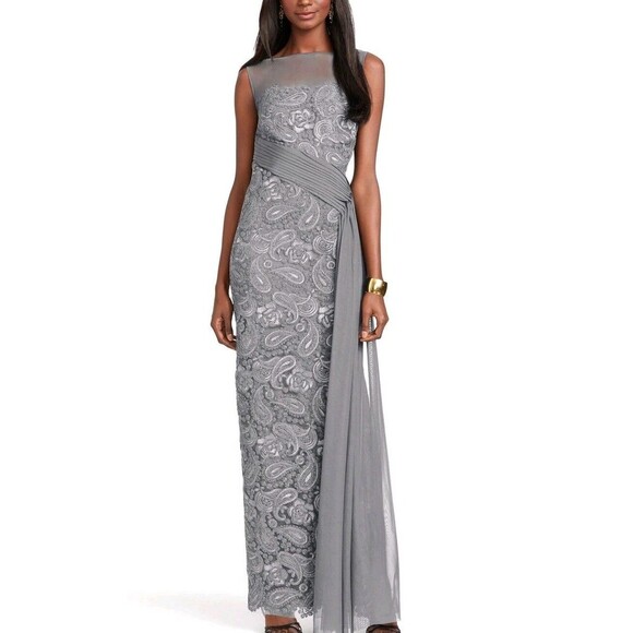 Ralph Lauren Evening Gown Tulle Dress Lace Paisley Size 0 Silver Gray With Sash